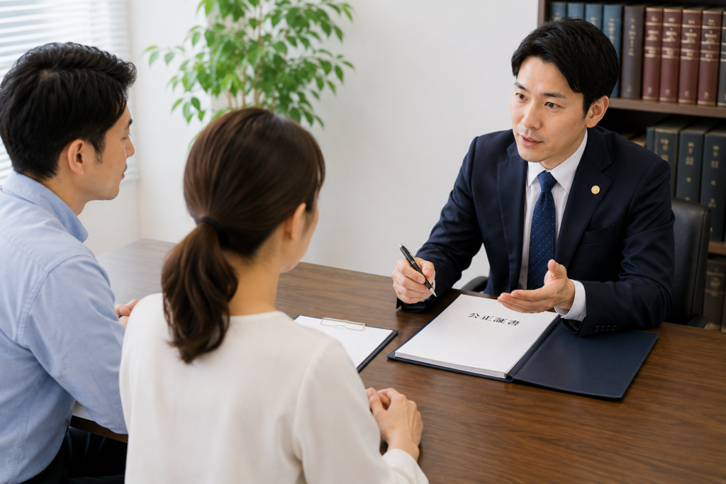 公正証書の作成で夫婦と弁護士が話し合いをしている様子