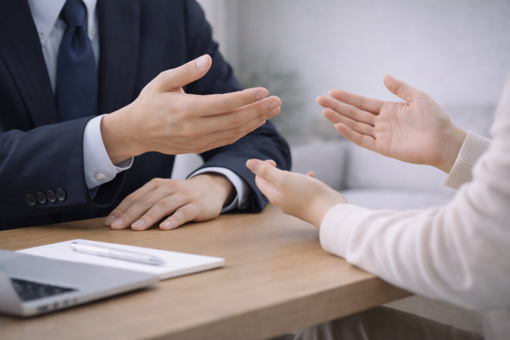 話し合いをしている男女の手元