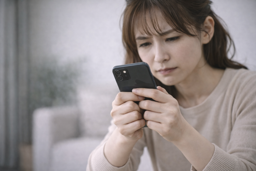 スマホを握りしめている女性