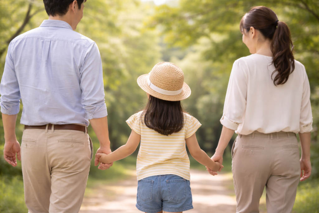 手を繋いでいる親子の後ろ姿