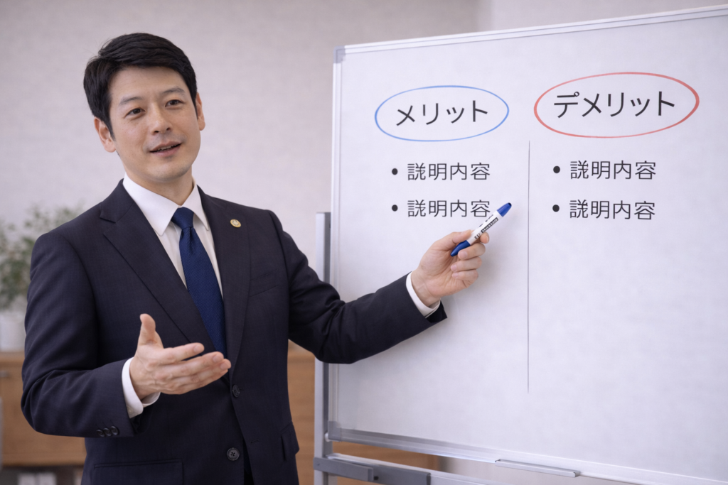 弁護士がメリットデメリットを解説している様子