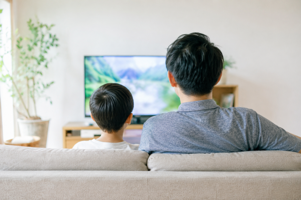 子どもとソファに座っている様子