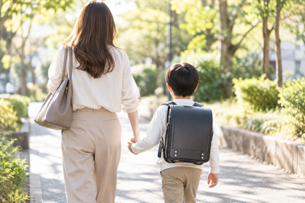 子どもと手を繋いでいる後ろ姿